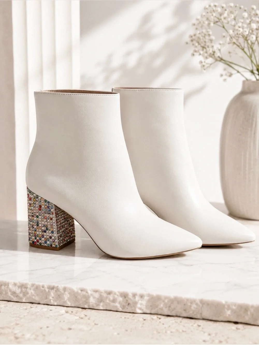 Betsey Johnson Kassie White Rhinestone Block Heel Ankle Boots 8.5